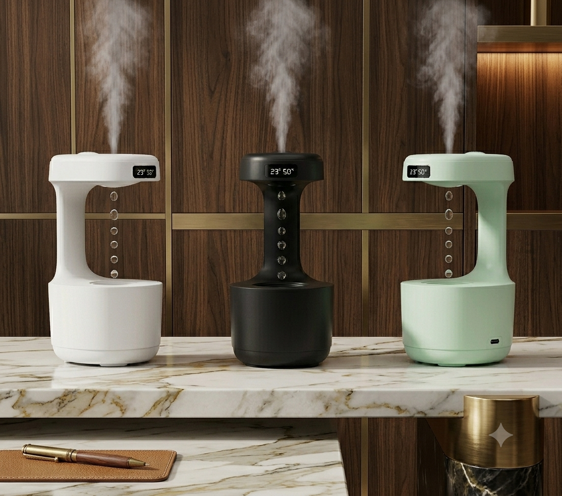 Humidificador VANTHE en mesa de noche de madera con gotas flotando hacia arriba